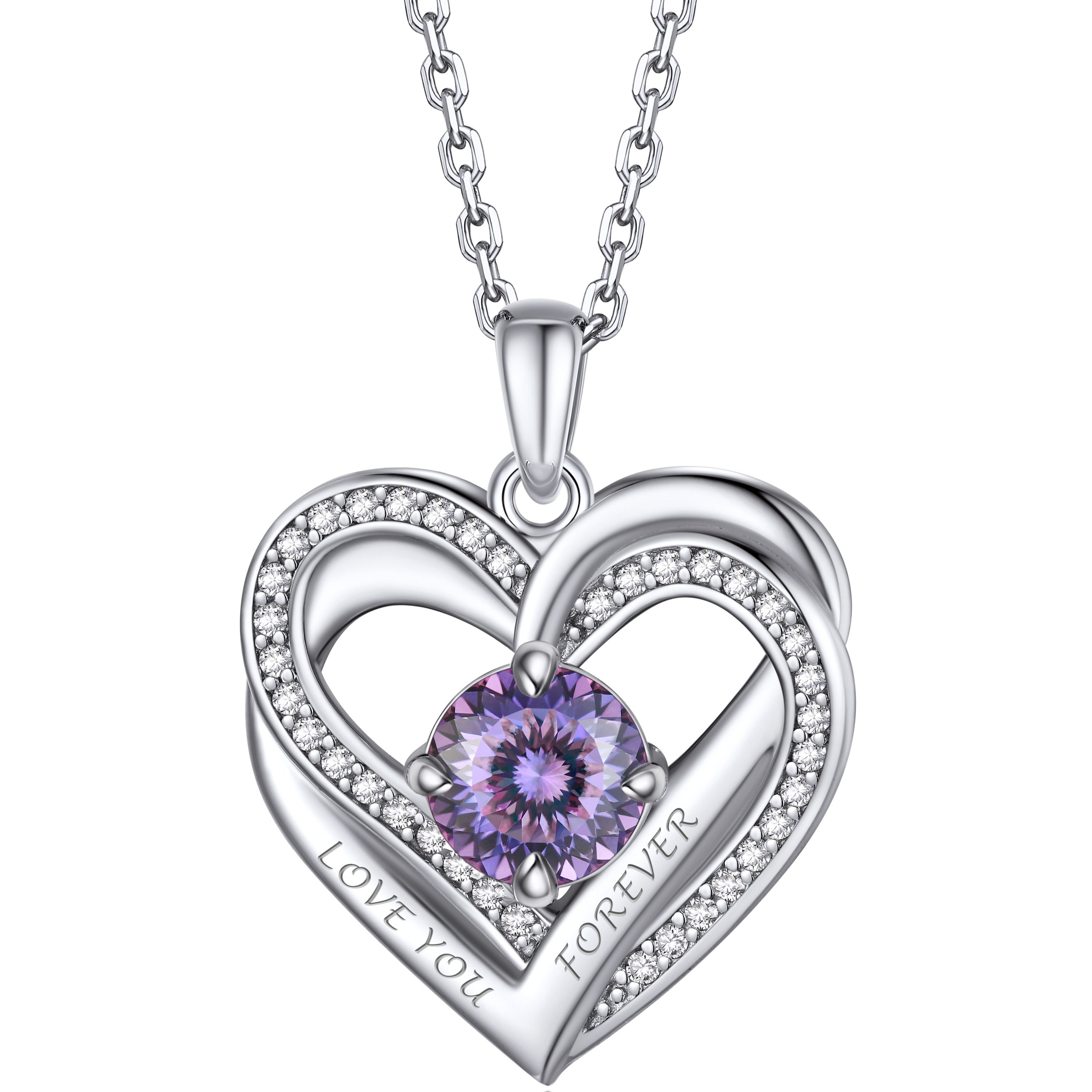 Birthstone Double Heart Intertwined Moissanite Pendant Necklace Silver （June-Royal Purple Light) - main image