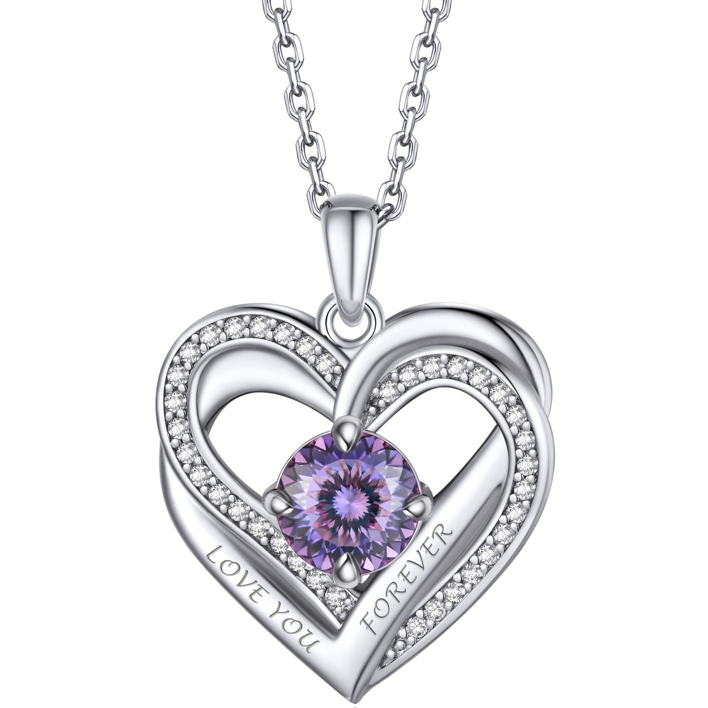 Birthstone Double Heart Intertwined Moissanite Pendant Necklace Silver （June-Royal Purple Light) - main image