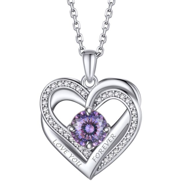 Birthstone Double Heart Intertwined Moissanite Pendant Necklace Silver （June-Royal Purple Light) - main image
