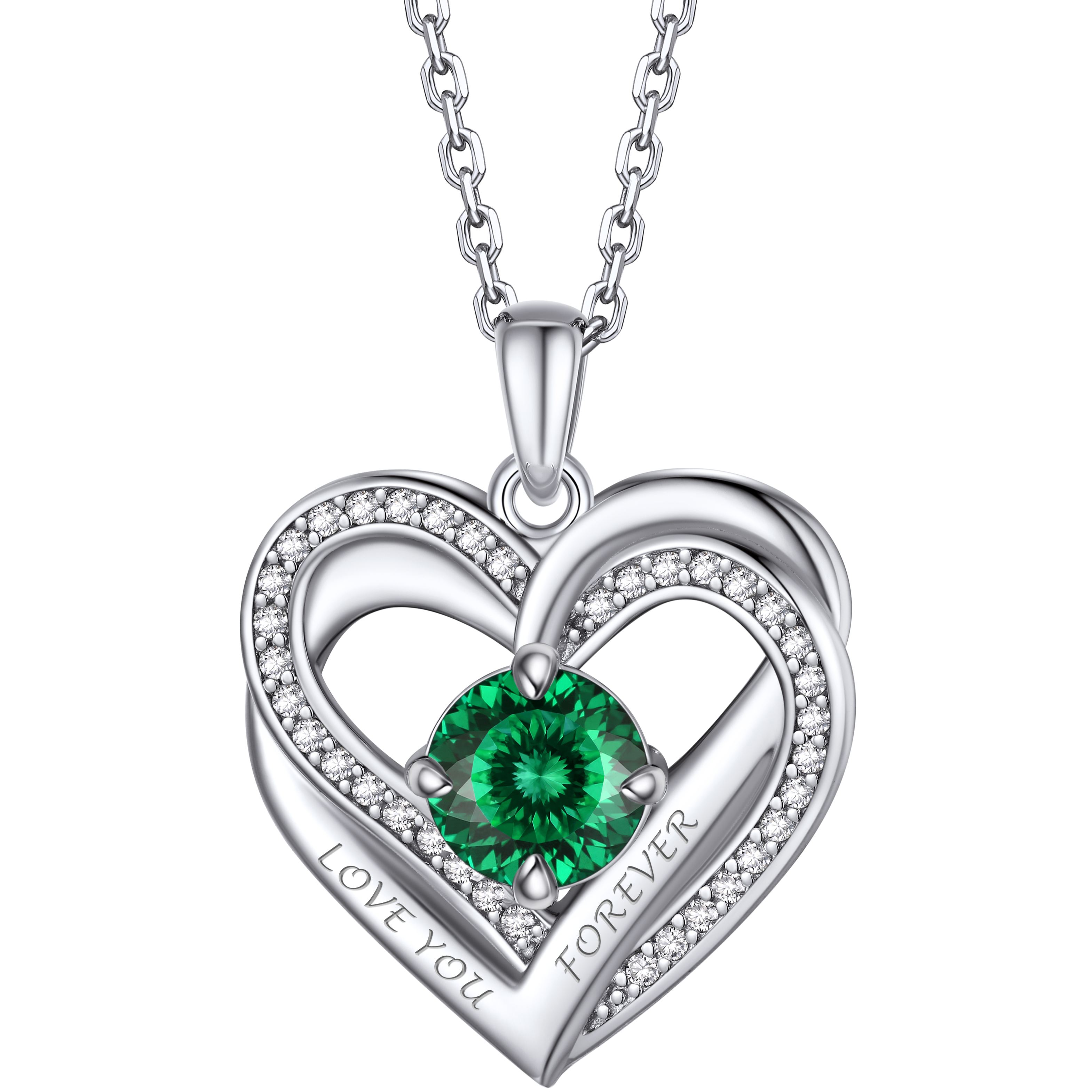 Birthstone Double Heart Intertwined Moissanite Pendant Necklace Silver （May-Green Spark) - main image
