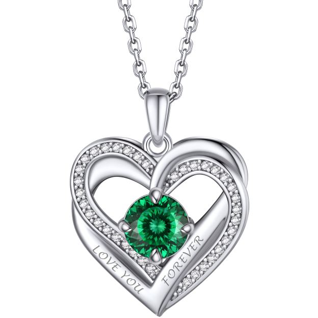 Birthstone Double Heart Intertwined Moissanite Pendant Necklace Silver （May-Green Spark) - main image