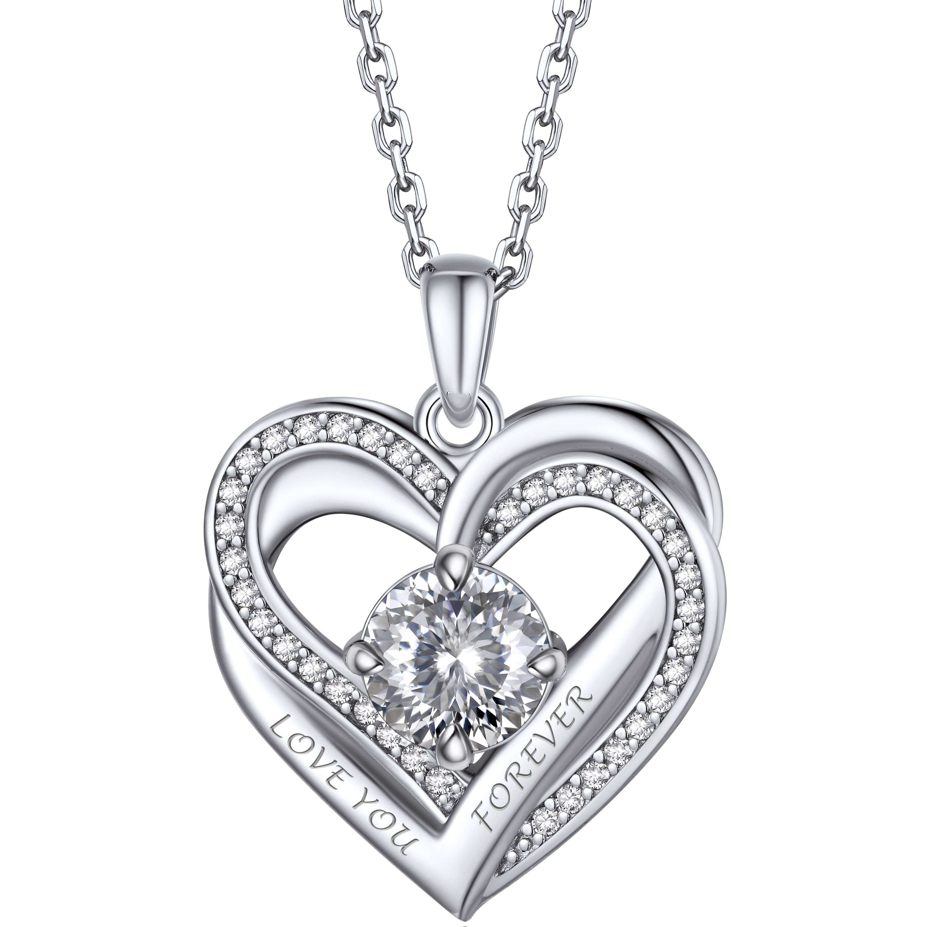 Birthstone Double Heart Intertwined Moissanite Pendant Necklace Silver （April-White Moissanite) - main image