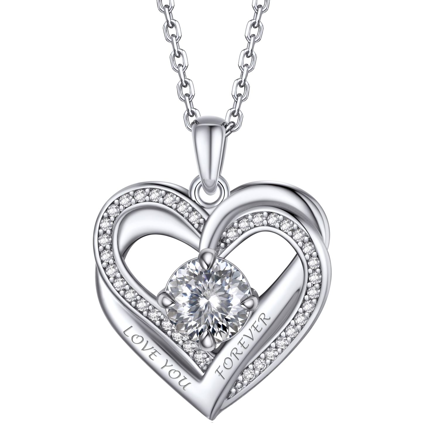 Birthstone Double Heart Intertwined Moissanite Pendant Necklace Silver （April-White Moissanite) - main image