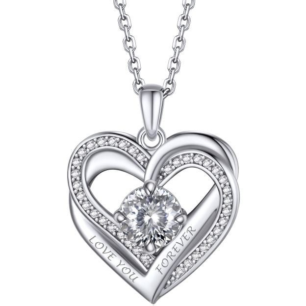 Birthstone Double Heart Intertwined Moissanite Pendant Necklace Silver （April-White Moissanite) - main image