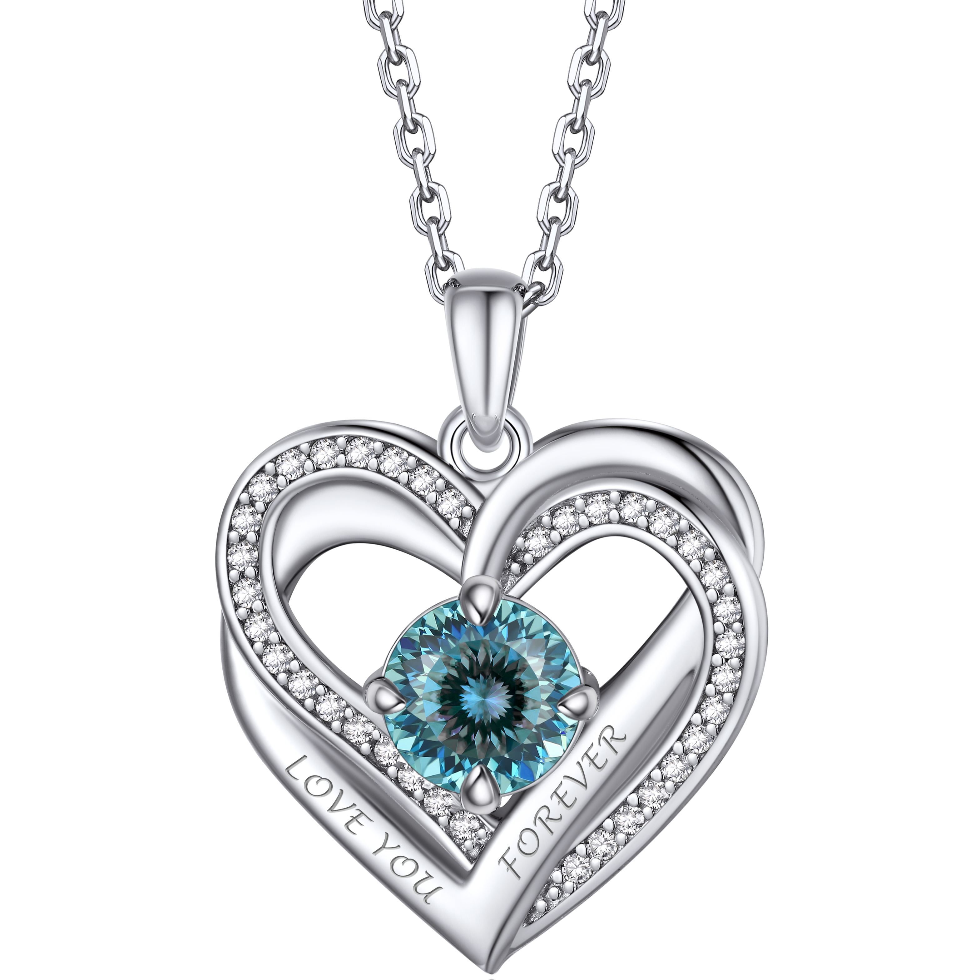 Birthstone Double Heart Intertwined Moissanite Pendant Necklace Silver （March-Glacier Bluer) - main image