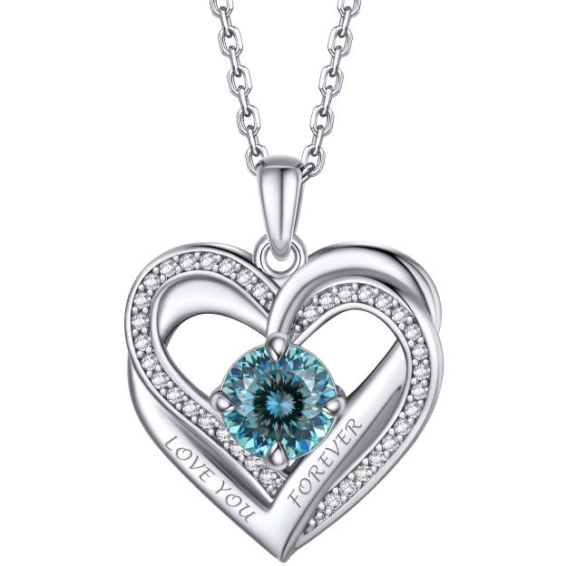 Birthstone Double Heart Intertwined Moissanite Pendant Necklace Silver （March-Glacier Bluer) - main image