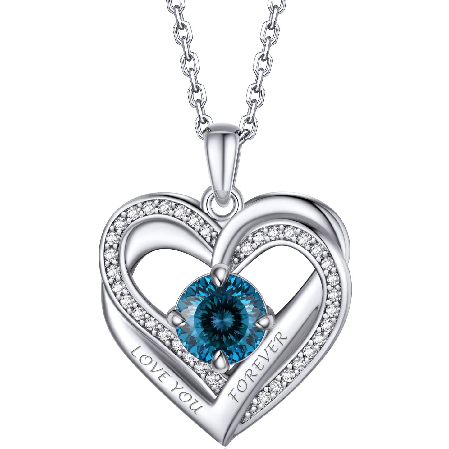 Birthstone Double Heart Intertwined Moissanite Pendant Necklace Silver （December-Poseidon's Realm) - main image