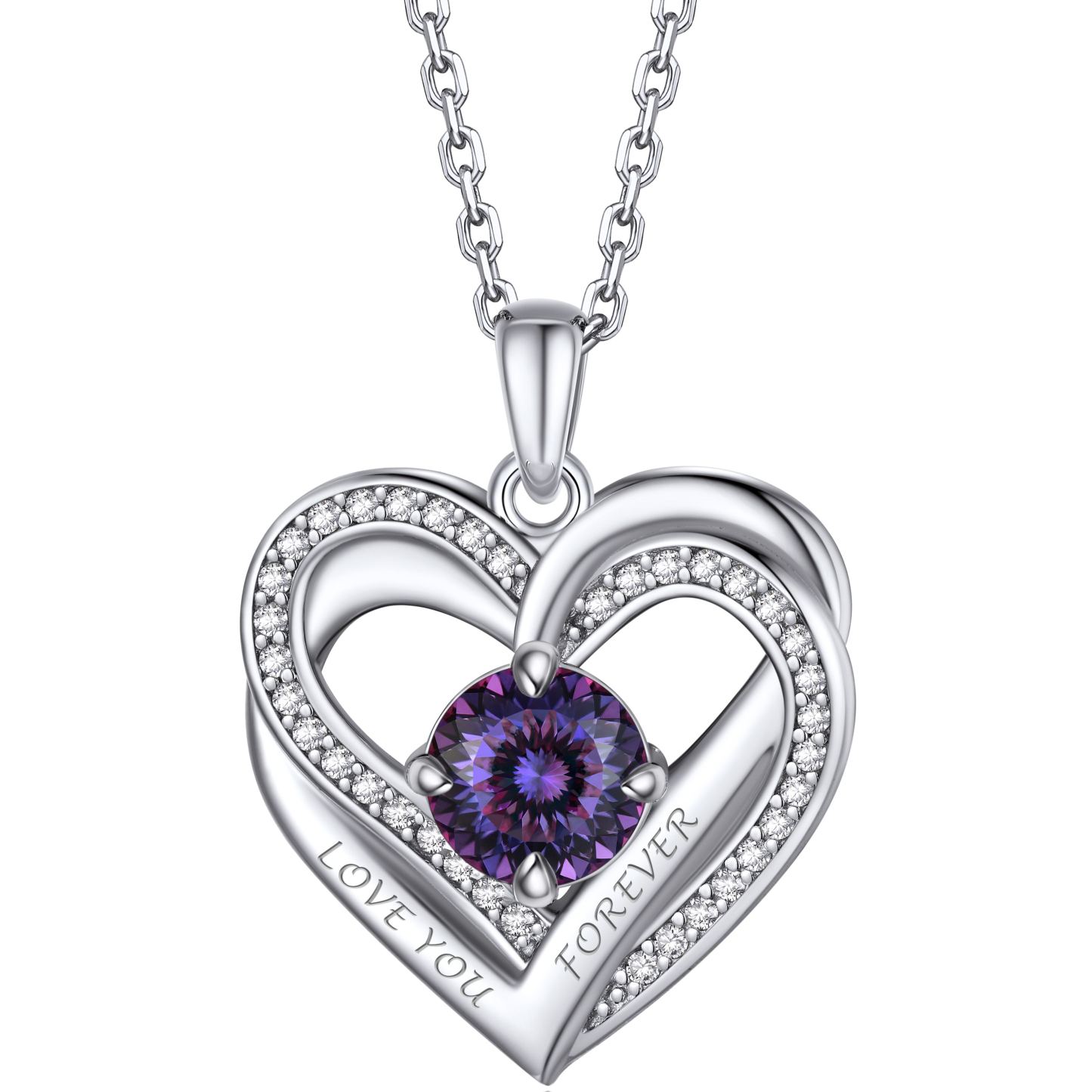 Birthstone Double Heart Intertwined Moissanite Pendant Necklace Silver （February-Royal Purple) - main image