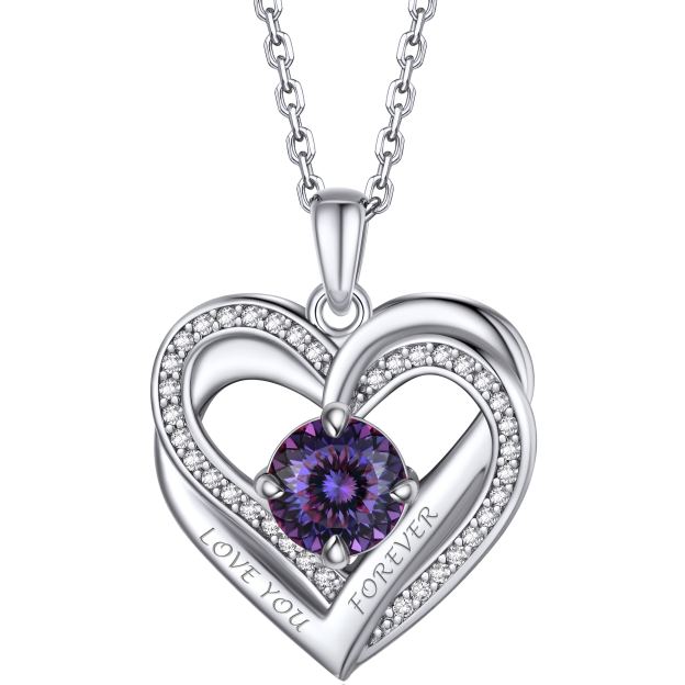 Birthstone Double Heart Intertwined Moissanite Pendant Necklace Silver （February-Royal Purple) - main image