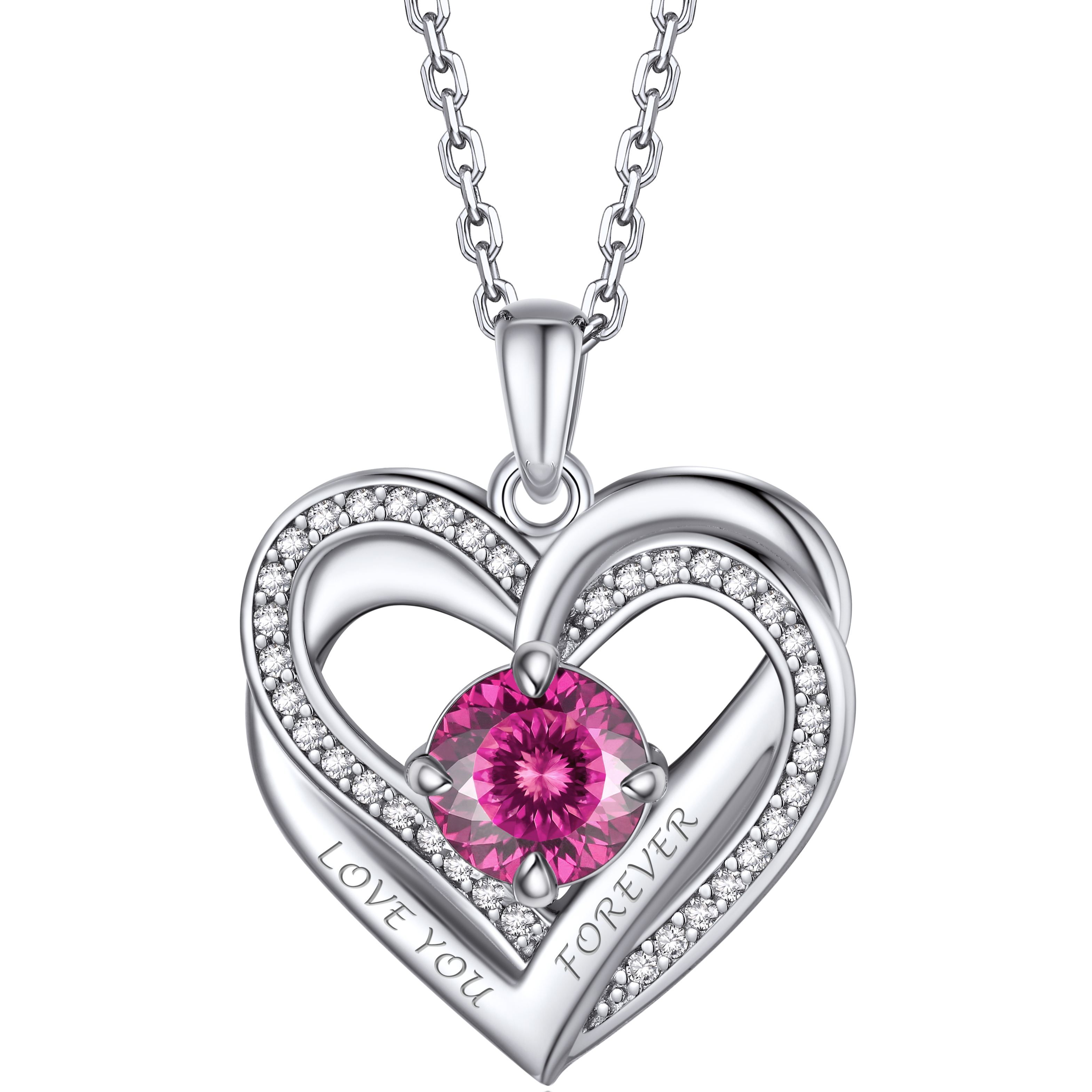 Birthstone Double Heart Intertwined Moissanite Pendant Necklace Silver （October-Pink Lotus) - main image