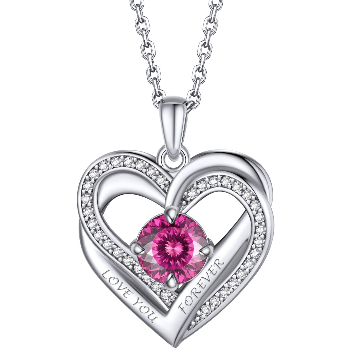 Birthstone Double Heart Intertwined Moissanite Pendant Necklace Silver （October-Pink Lotus) - main image