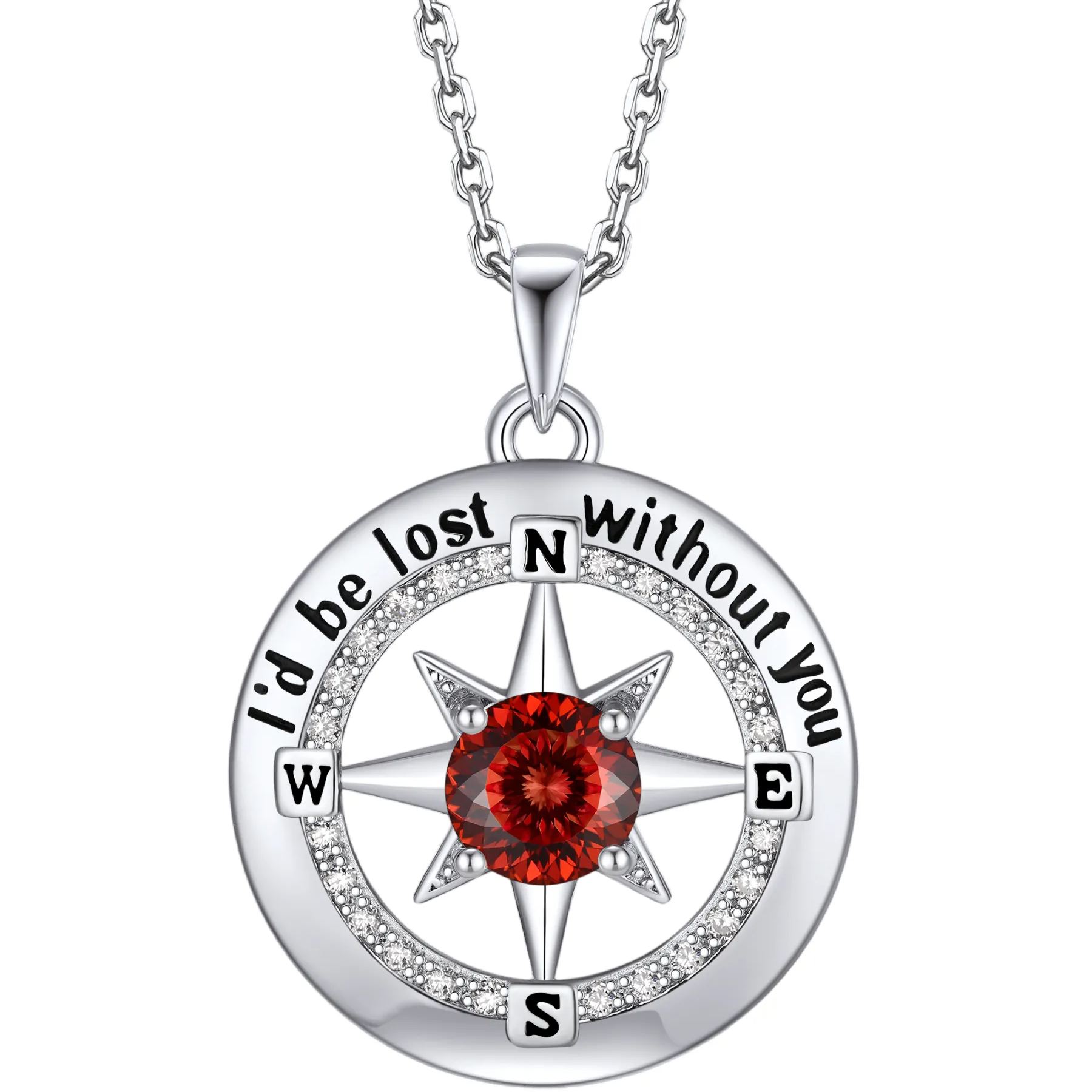 Compass Moissanite Birthstone Pendant Necklace In S925 Silver - January-Luxury Red