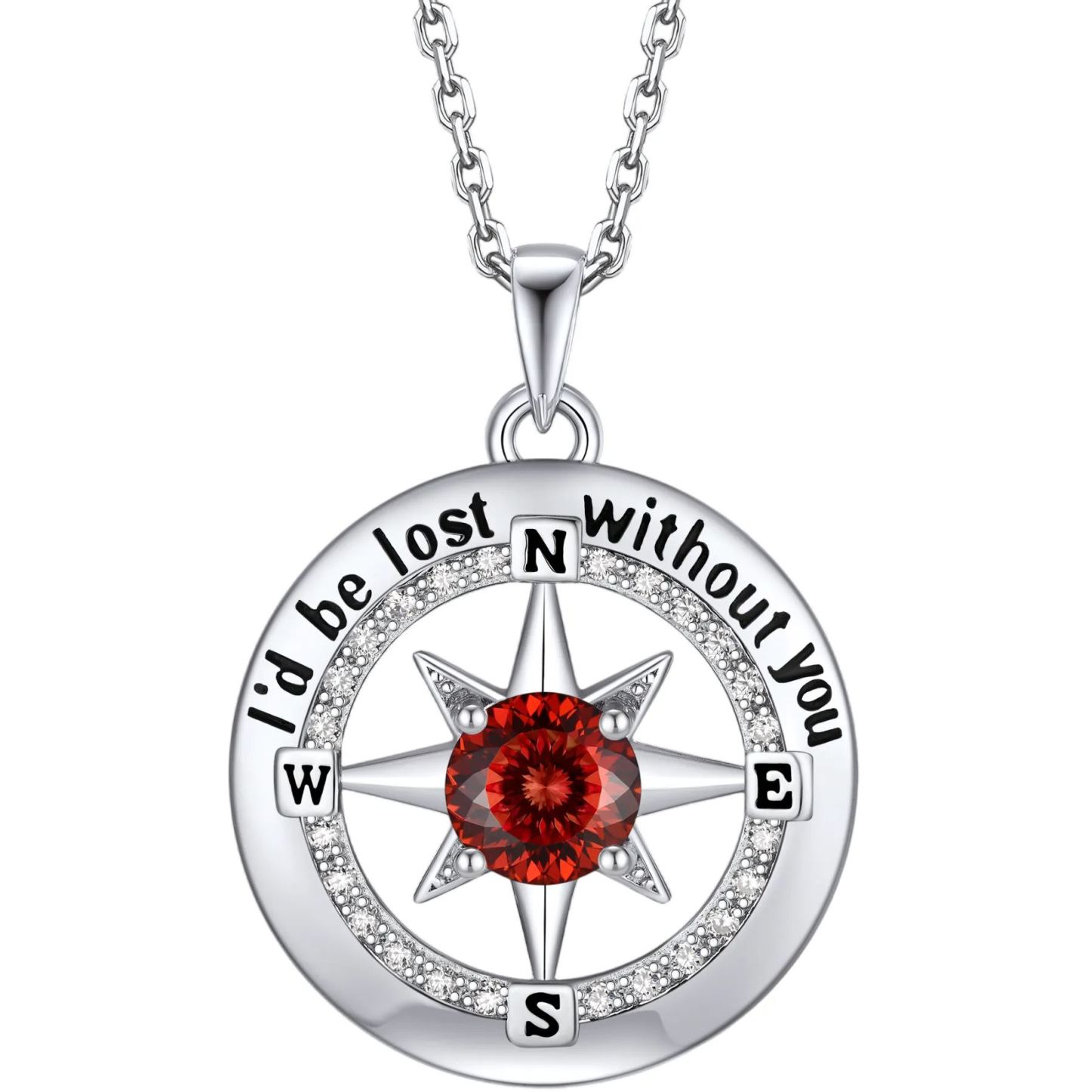 Compass Moissanite Birthstone Pendant Necklace In S925 Silver - January-Luxury Red