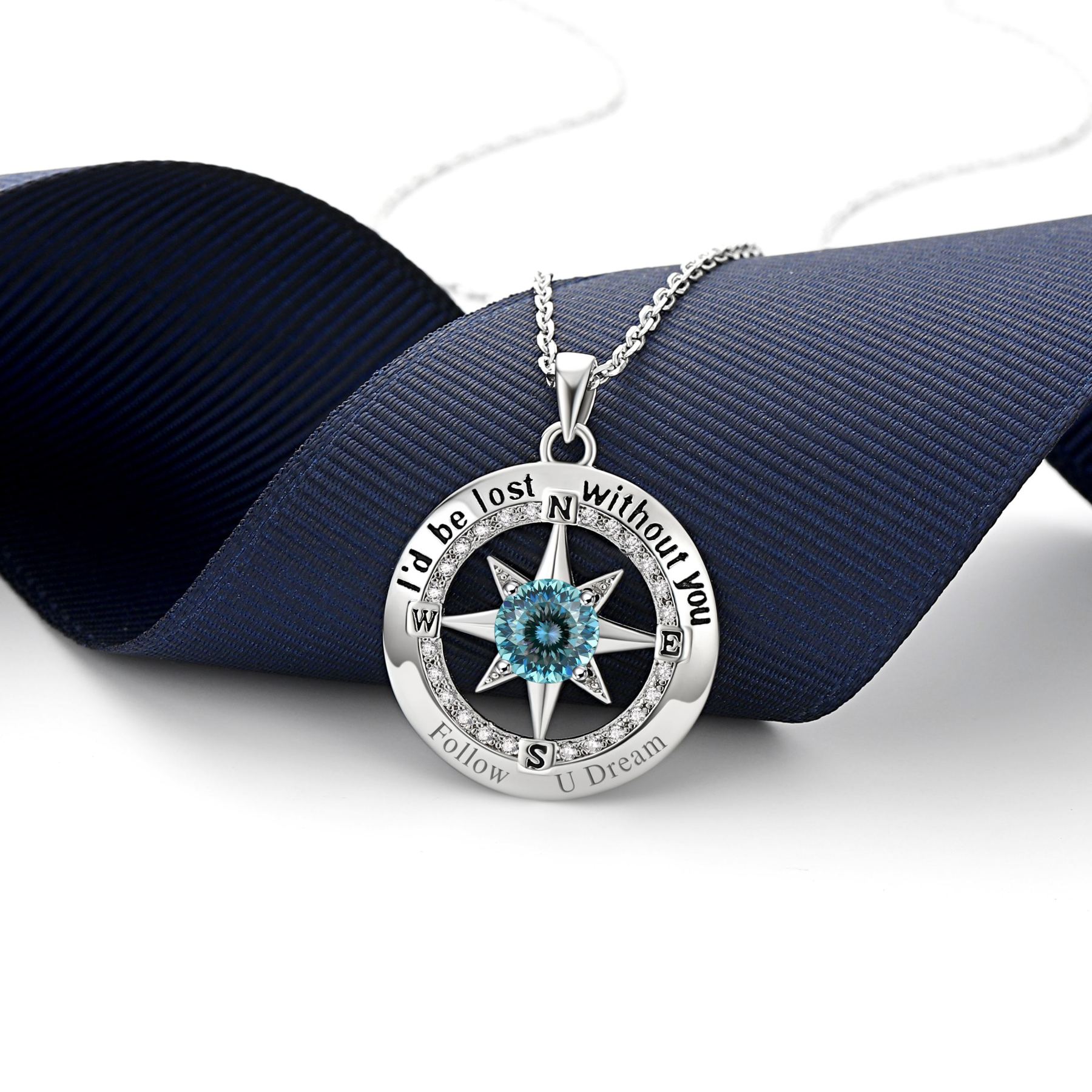 Compass Moissanite Birthstone Pendant Necklace In S925 Silver - March-Glacier Bluer - wearing scene(1)