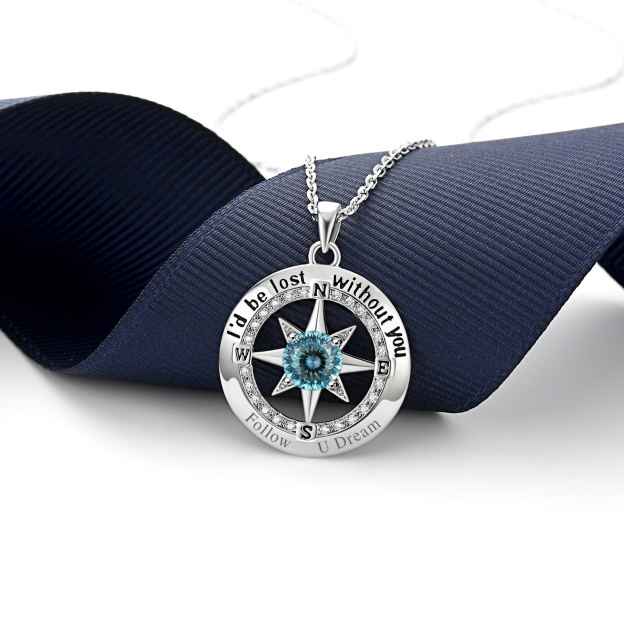 Compass Moissanite Birthstone Pendant Necklace In S925 Silver - March-Glacier Bluer - wearing scene(1)