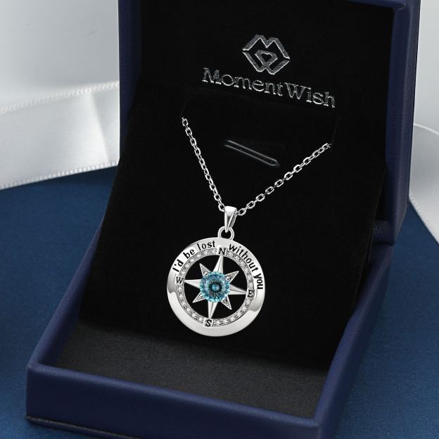 Compass Moissanite Birthstone Pendant Necklace In S925 Silver -March-Glacier Bluer - wearing scene