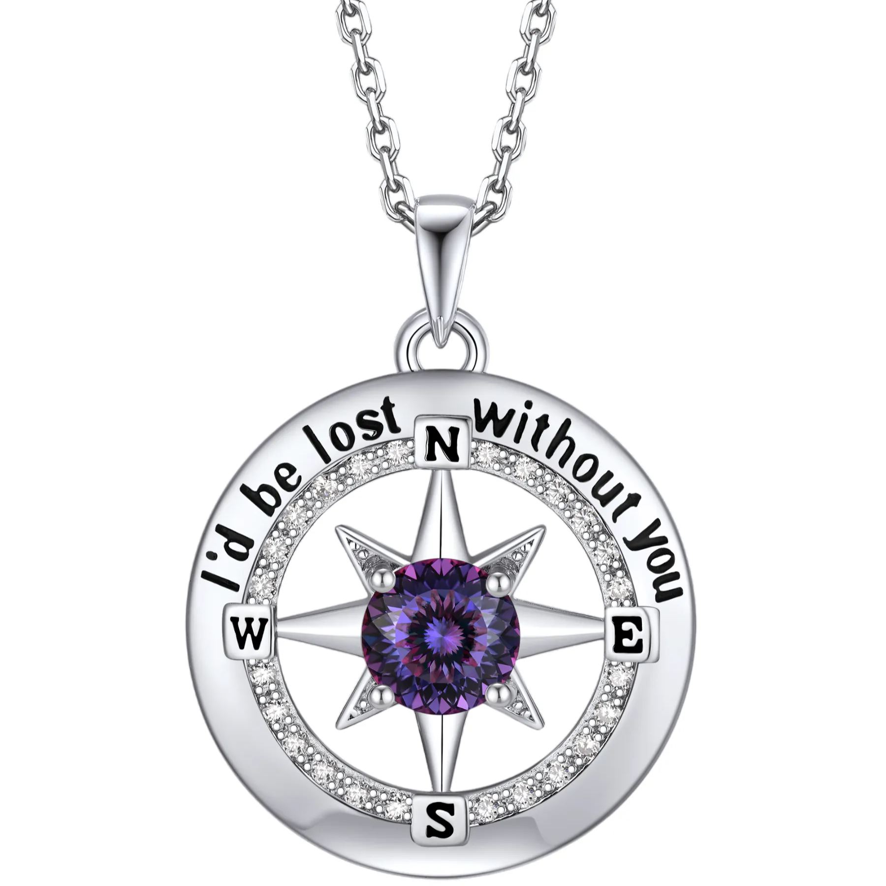 Compass Moissanite Birthstone Pendant Necklace In S925 Silver - February-Royal Purple