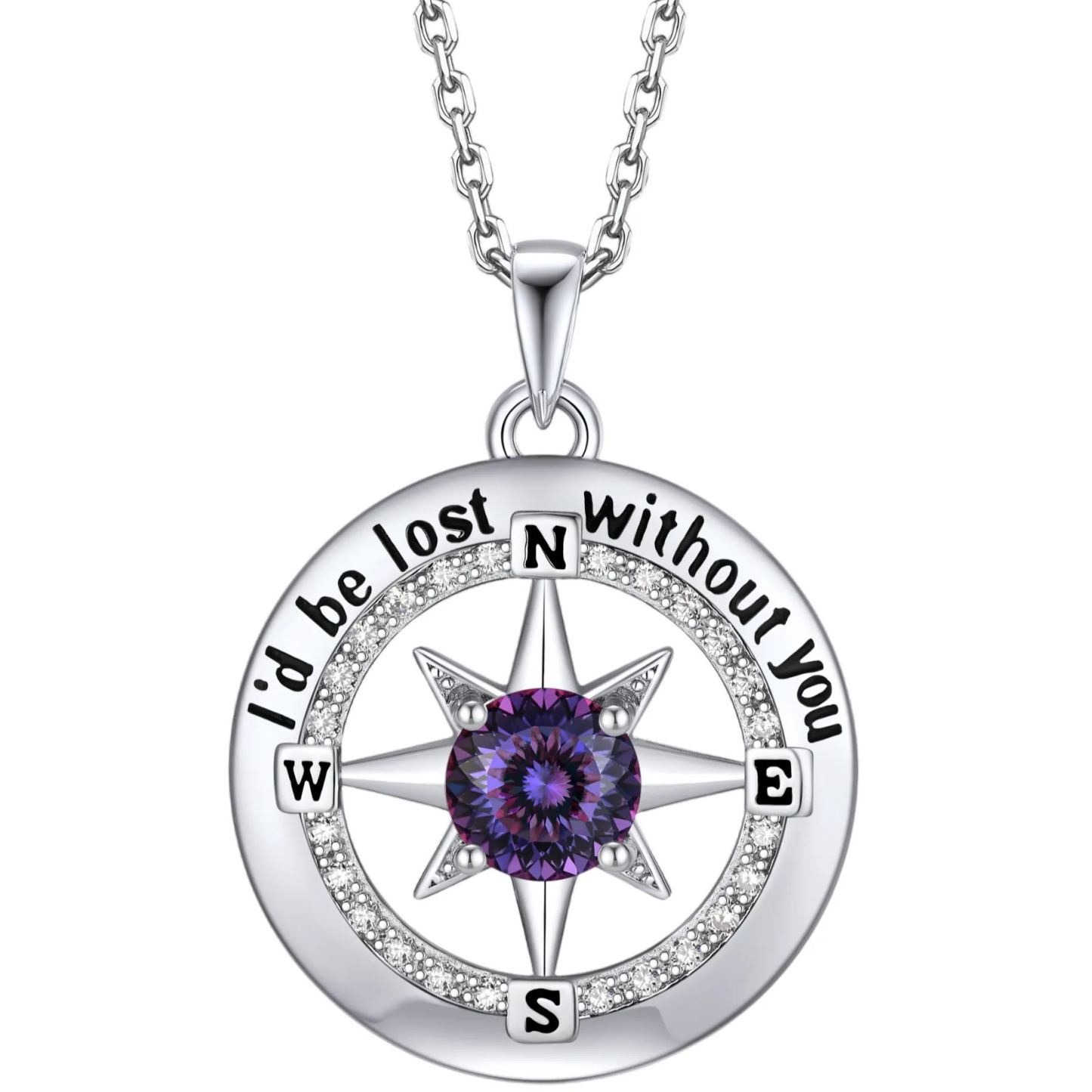 Compass Moissanite Birthstone Pendant Necklace In S925 Silver - February-Royal Purple