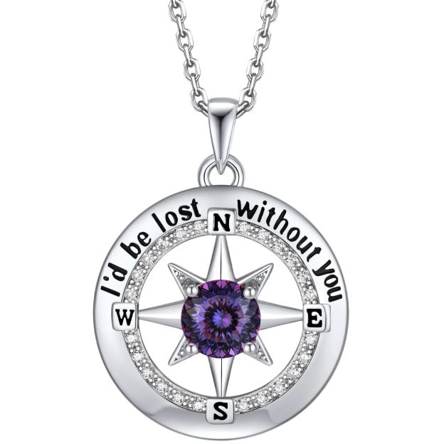 Compass Moissanite Birthstone Pendant Necklace In S925 Silver - February-Royal Purple