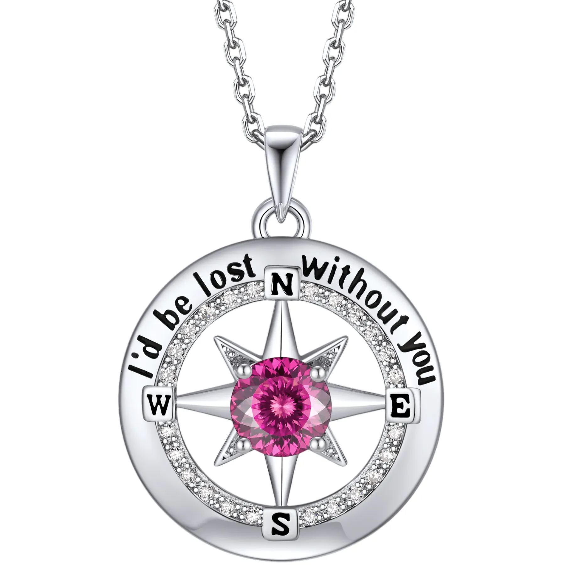 Compass Moissanite Birthstone Pendant Necklace In S925 Silver - October-Pink Lotus