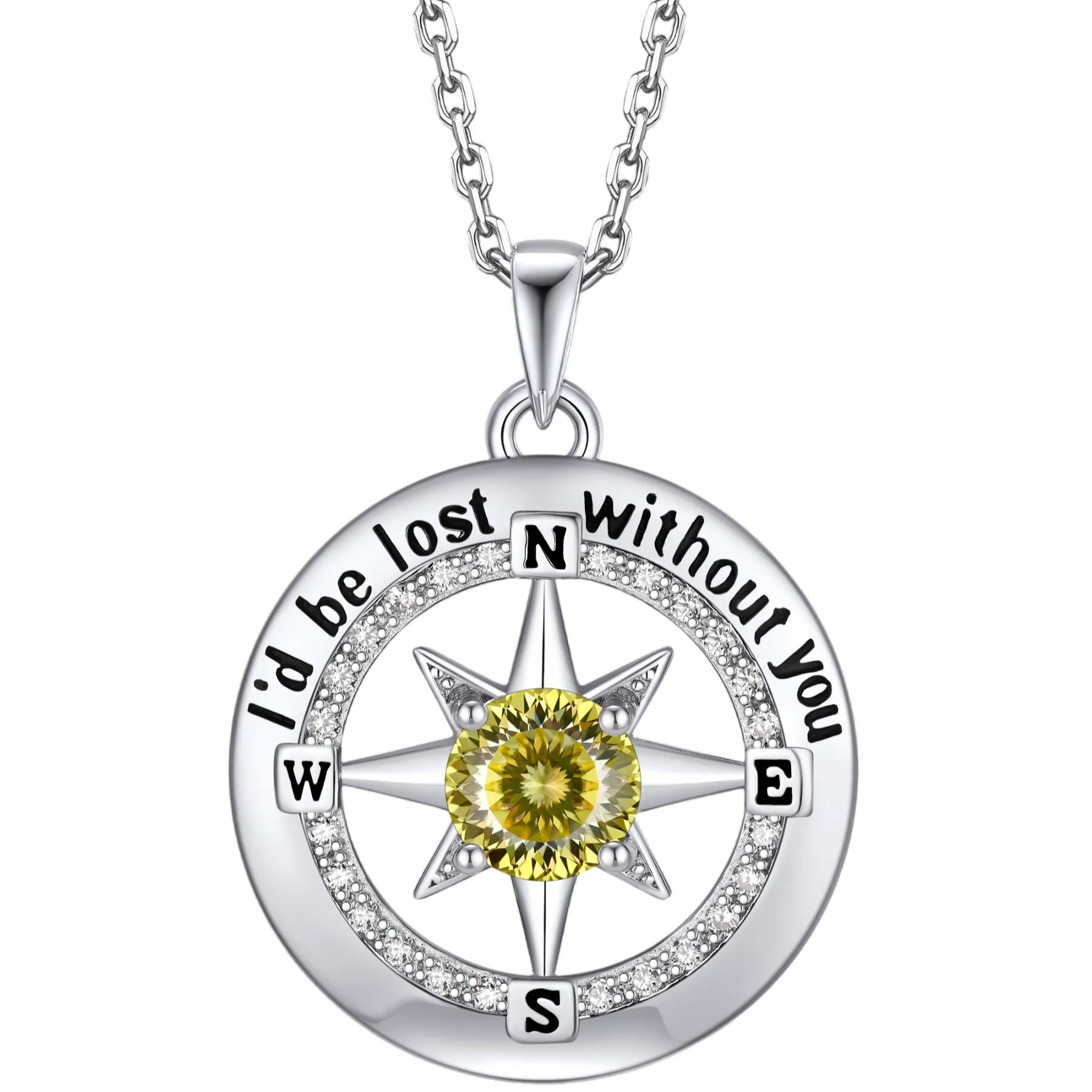 Compass Moissanite Birthstone Pendant Necklace In S925 Silver - August-Light Yellow