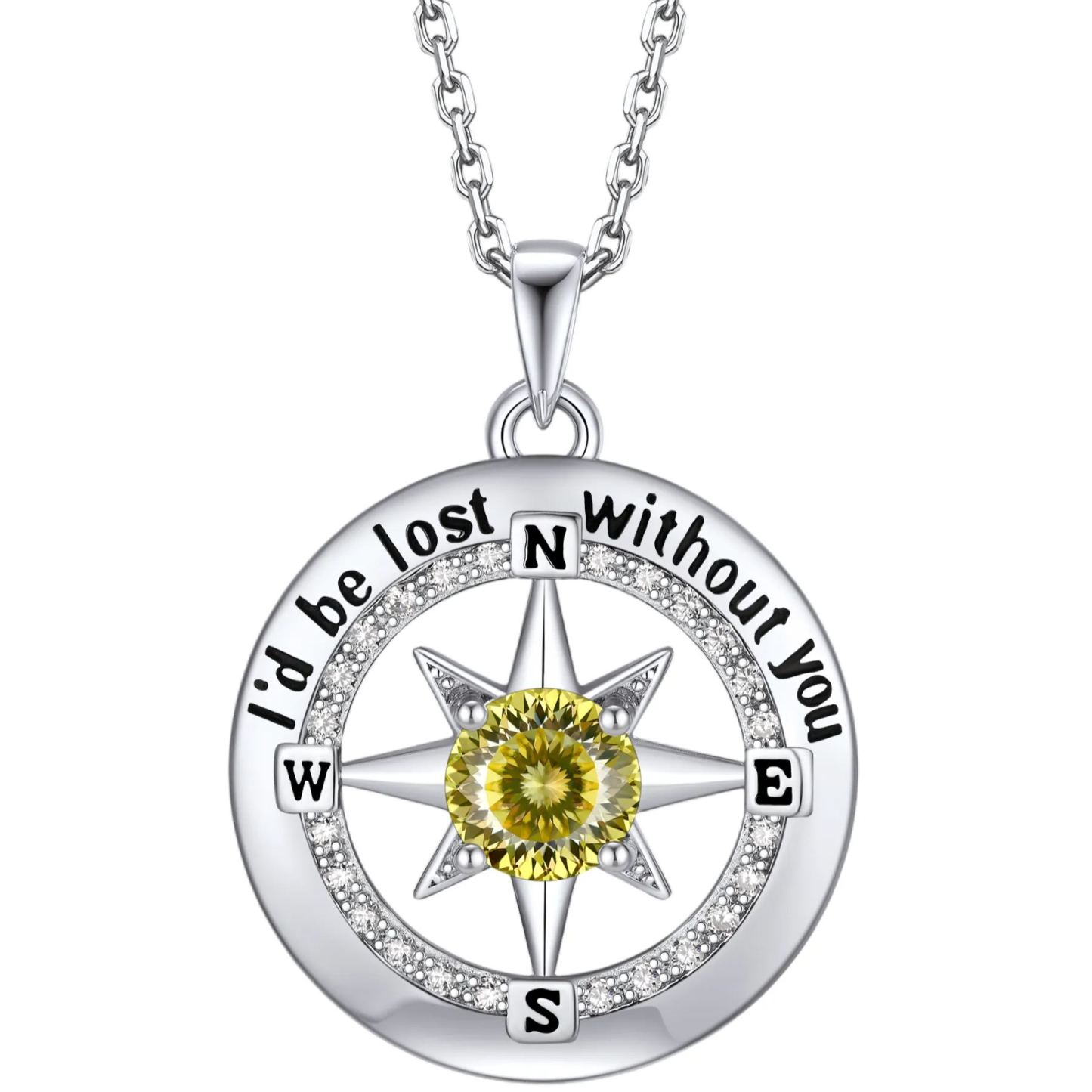 Compass Moissanite Birthstone Pendant Necklace In S925 Silver - August-Light Yellow