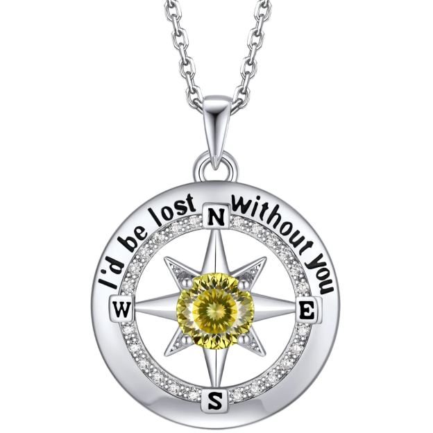 Compass Moissanite Birthstone Pendant Necklace In S925 Silver - August-Light Yellow