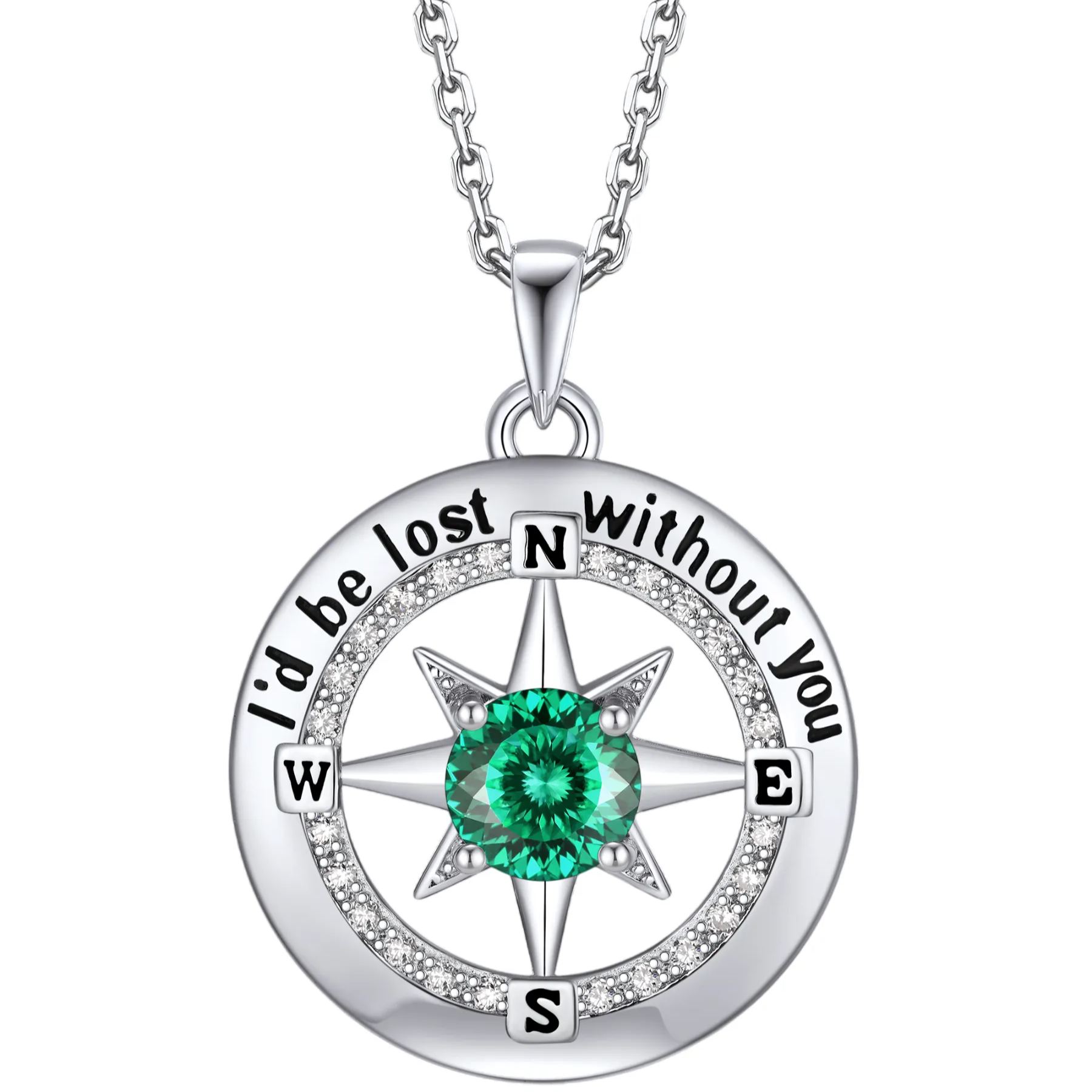 Compass Moissanite Birthstone Pendant Necklace In S925 Silver - May-Green Spark