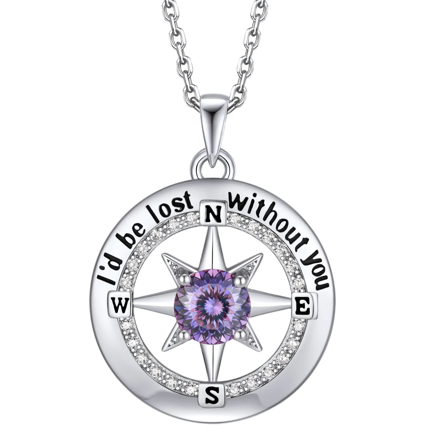 Compass Moissanite Birthstone Pendant Necklace In S925 Silver - June-Royal Purple Light