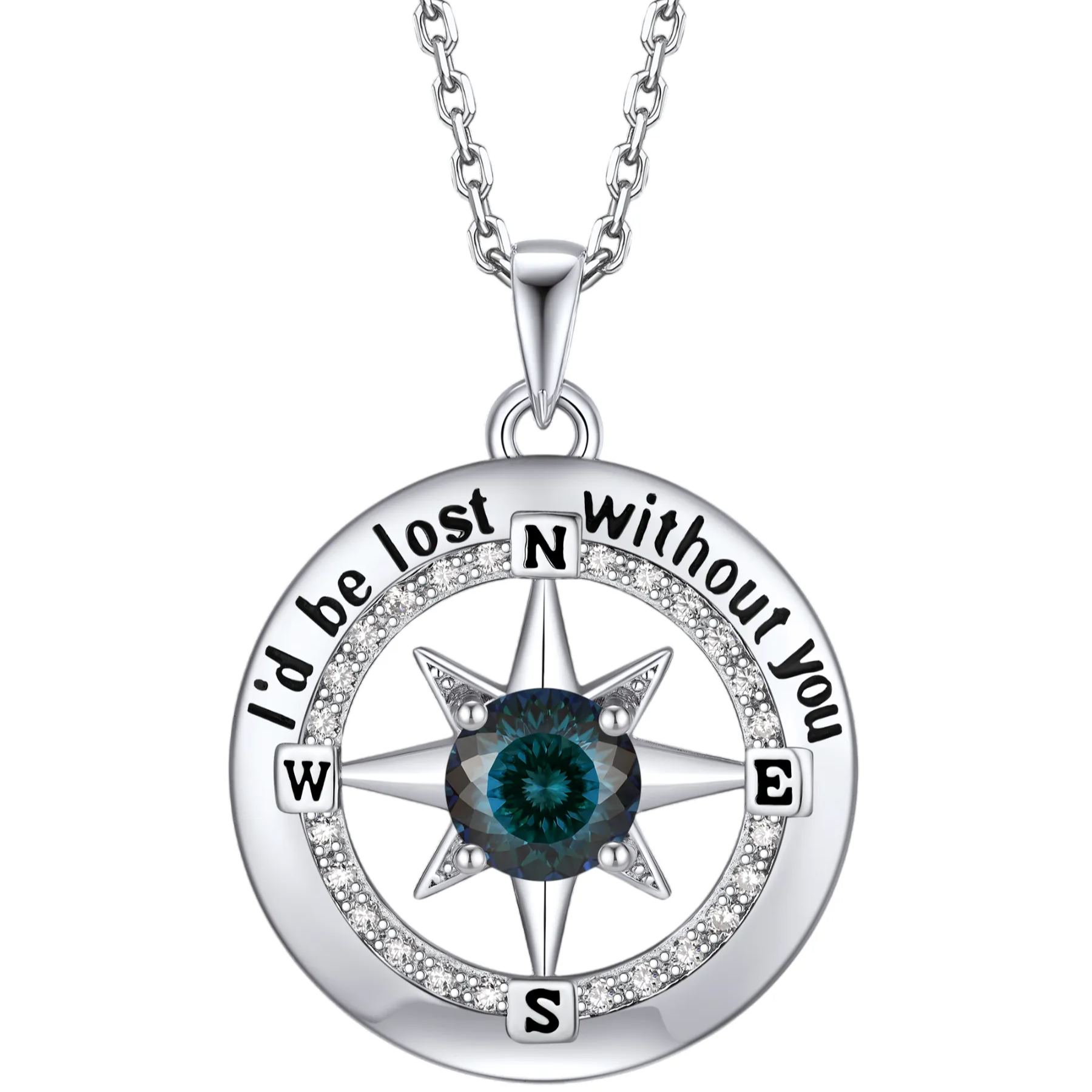 Compass Moissanite Birthstone Pendant Necklace In S925 Silver - September-Sapphire Blue