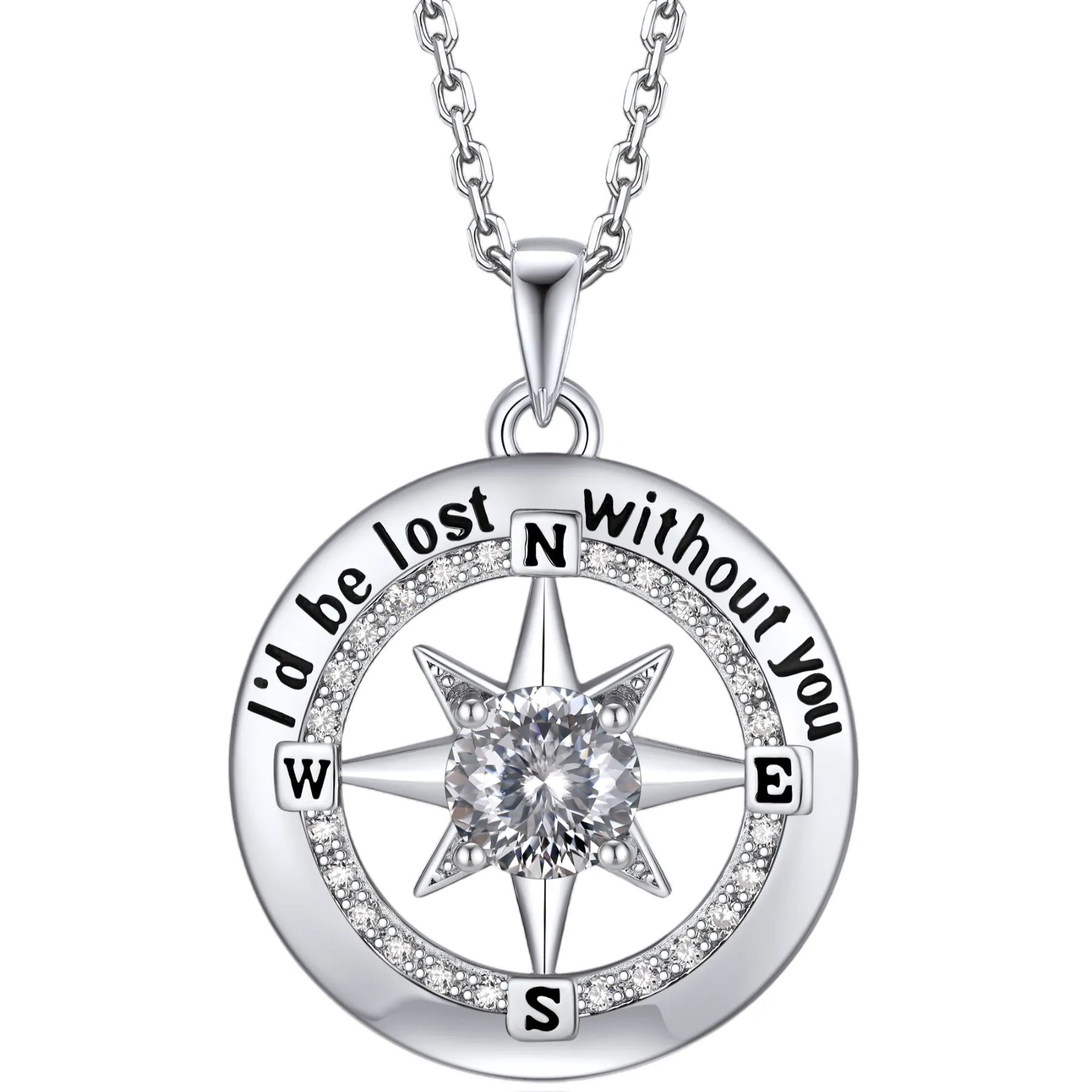 Compass Moissanite Birthstone Pendant Necklace In S925 Silver - April-White Moissanite