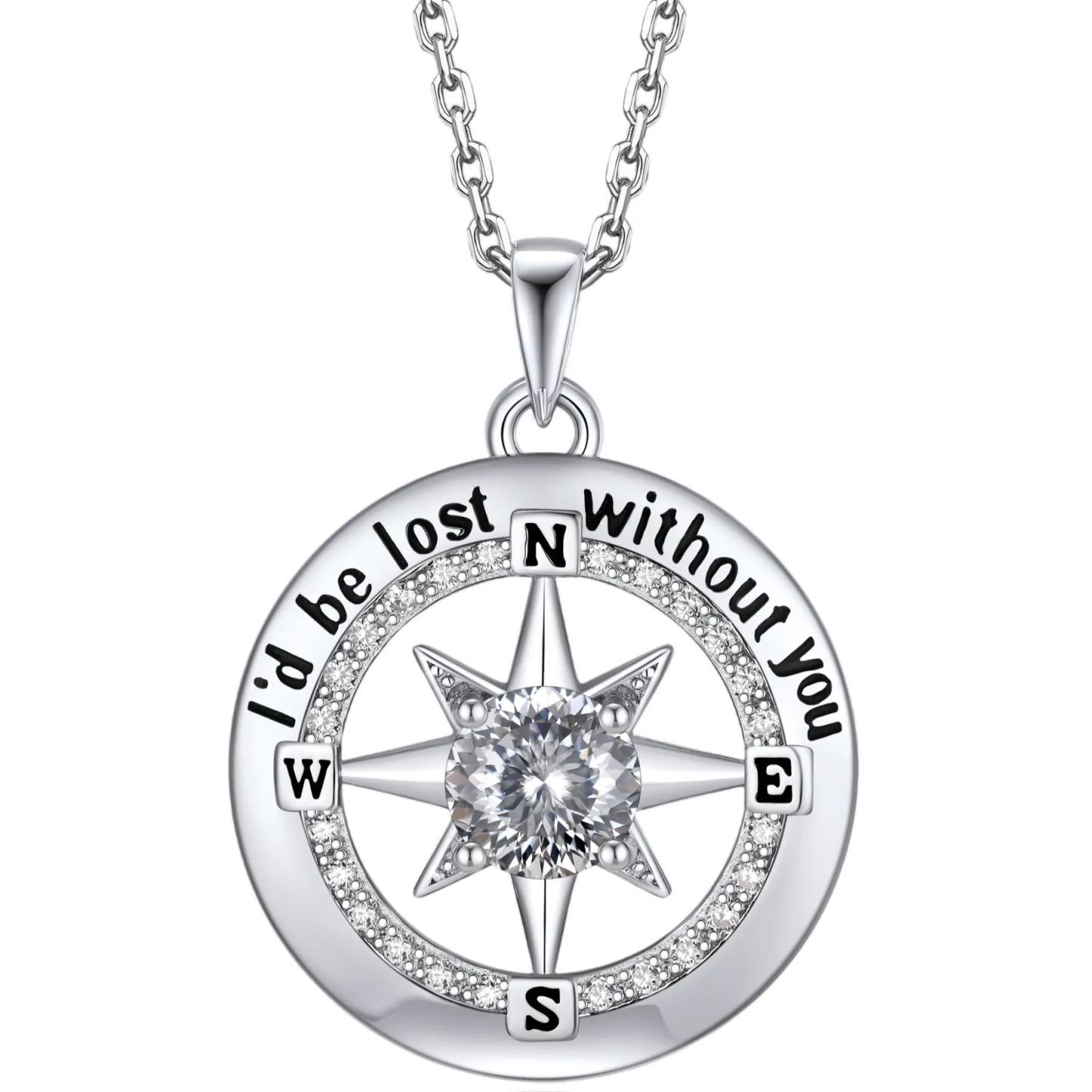 Compass Moissanite Birthstone Pendant Necklace In S925 Silver - April-White Moissanite