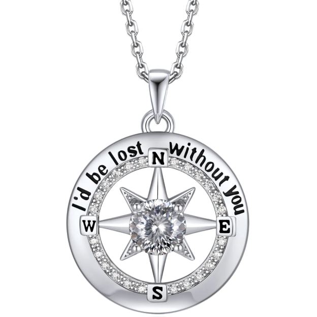 Compass Moissanite Birthstone Pendant Necklace In S925 Silver - April-White Moissanite
