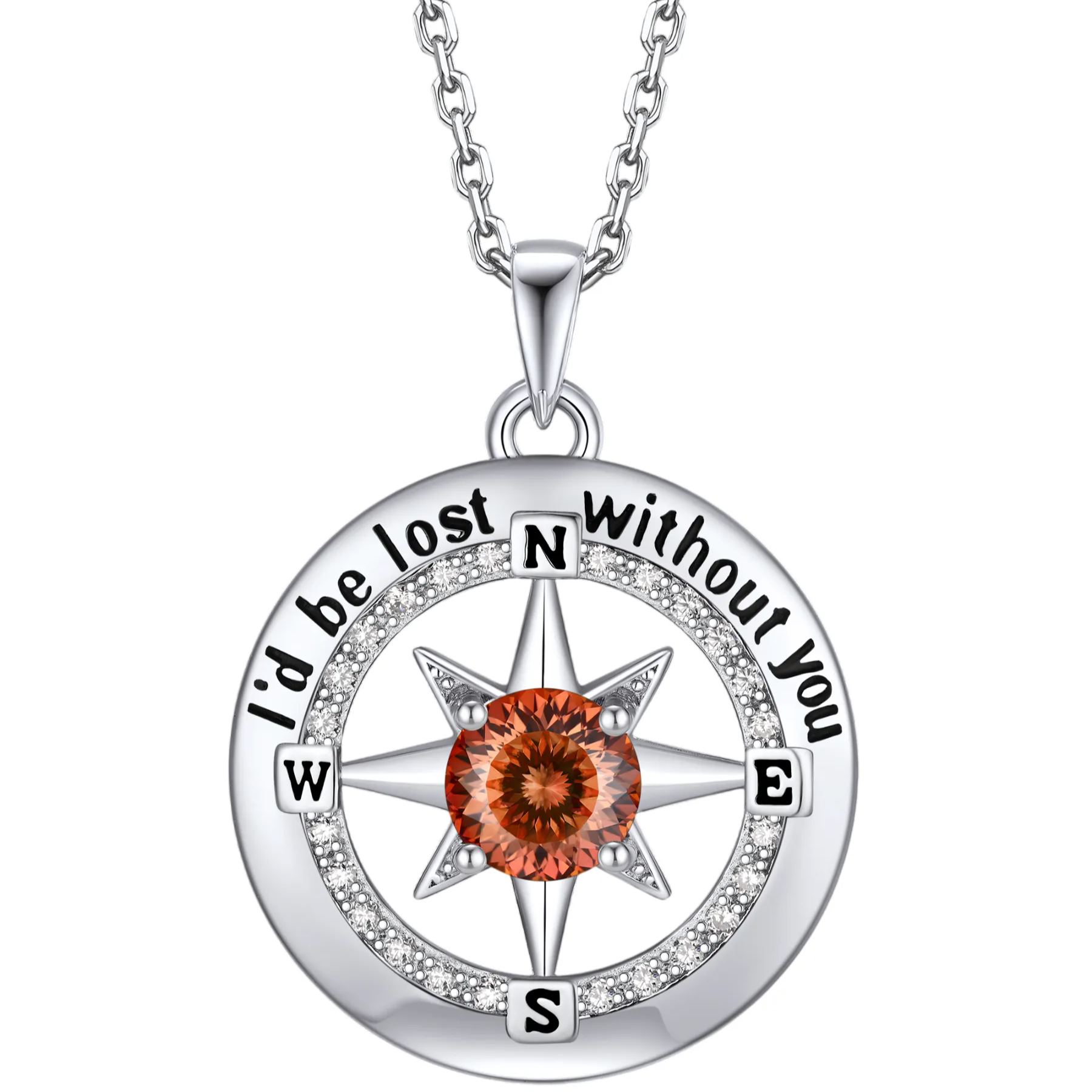 Compass Moissanite Birthstone Pendant Necklace In S925 Silver - July-Sweet Orange