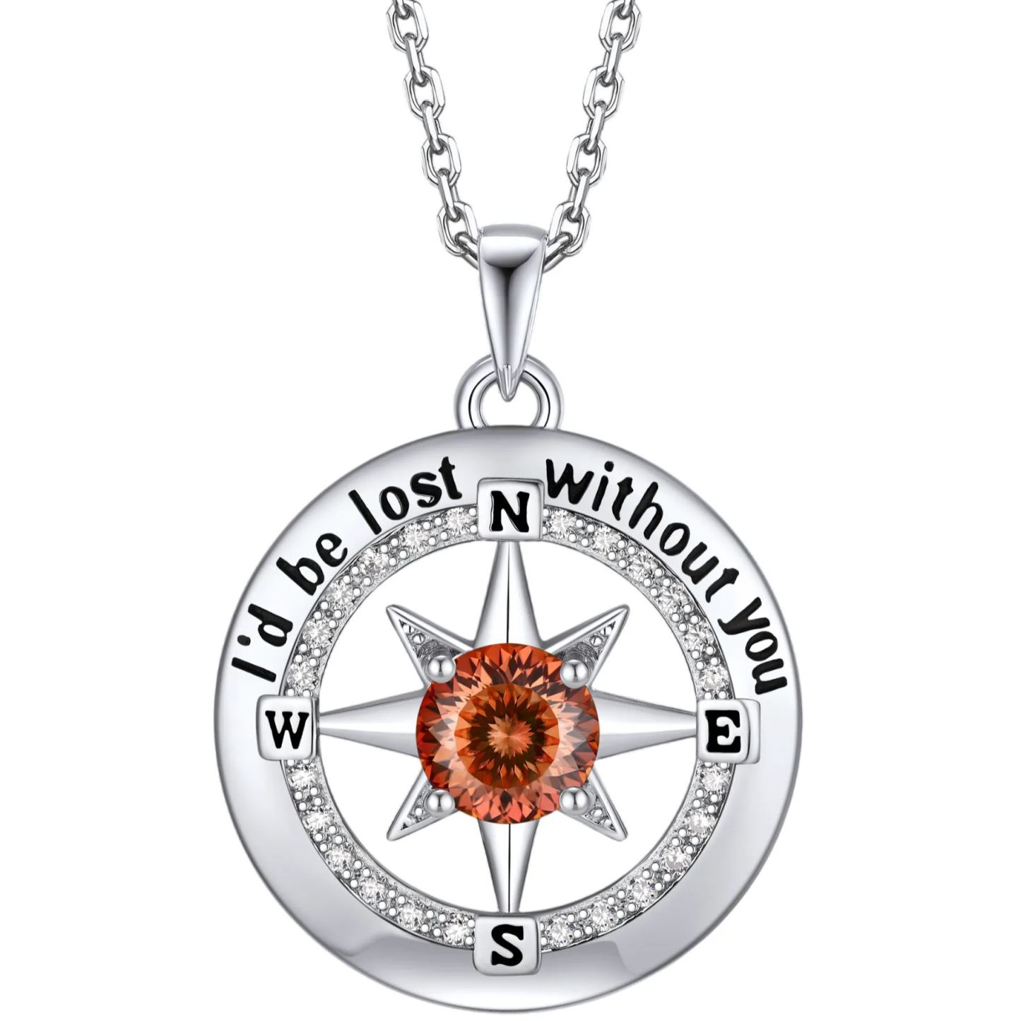 Compass Moissanite Birthstone Pendant Necklace In S925 Silver - July-Sweet Orange