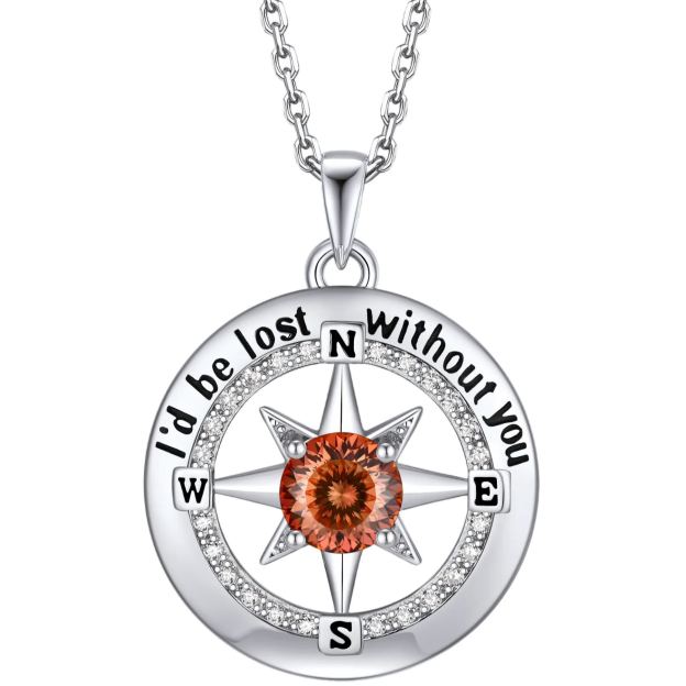 Compass Moissanite Birthstone Pendant Necklace In S925 Silver - July-Sweet Orange
