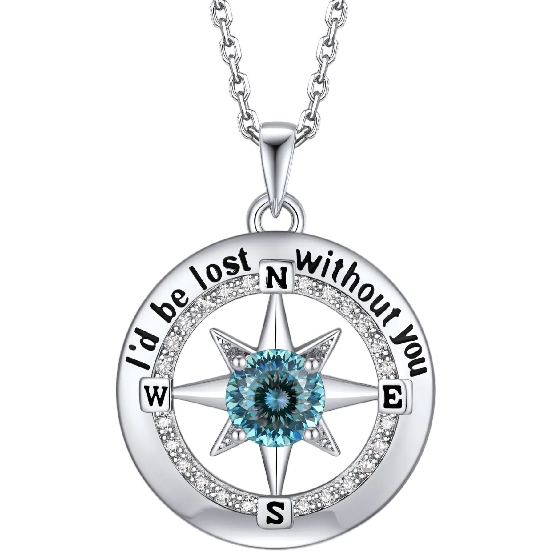 Compass Moissanite Birthstone Pendant Necklace In S925 Silver - March-Glacier Bluer