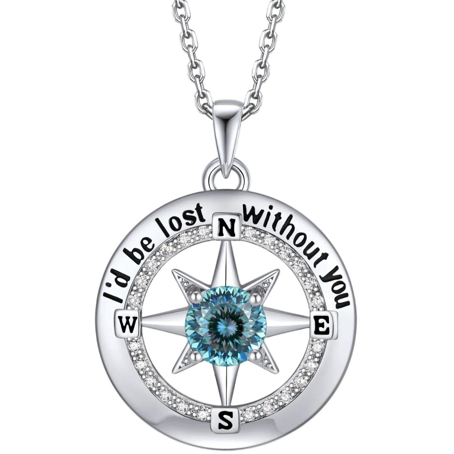 Compass Moissanite Birthstone Pendant Necklace In S925 Silver - March-Glacier Bluer
