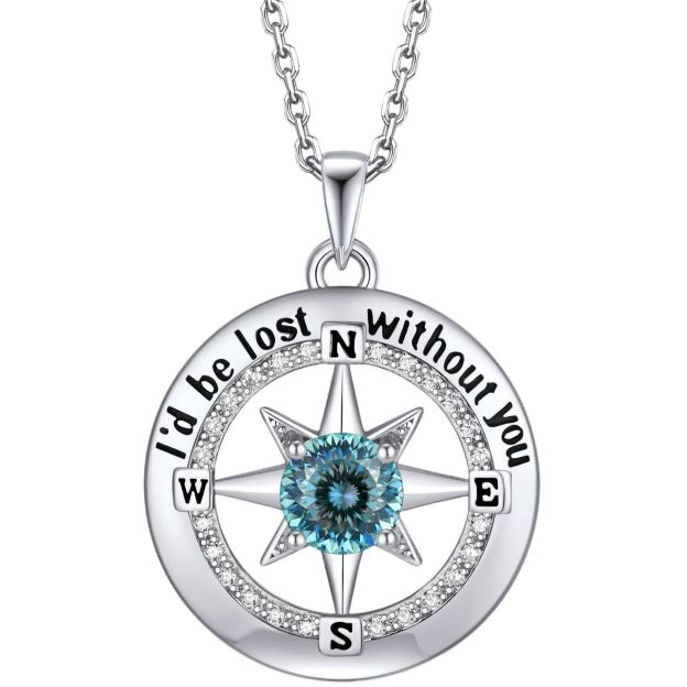 Compass Moissanite Birthstone Pendant Necklace In S925 Silver - March-Glacier Bluer