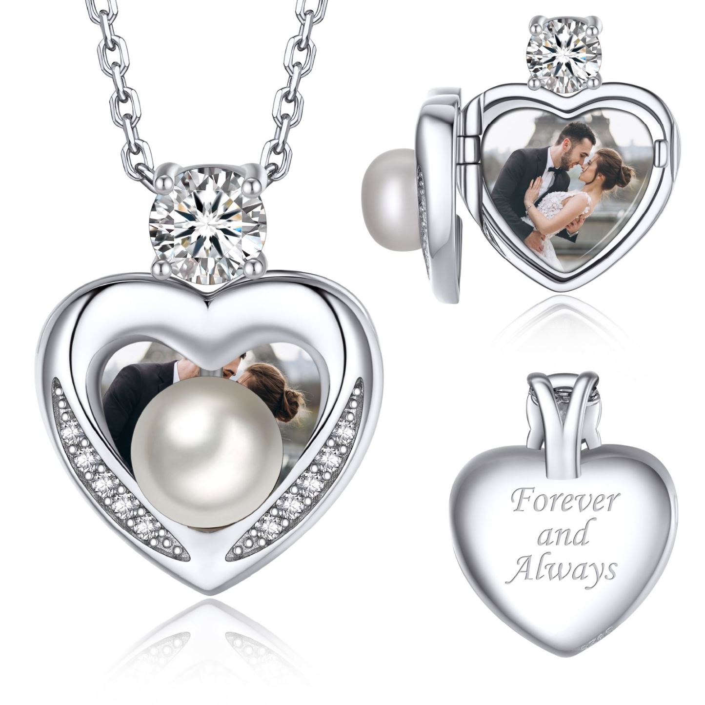 Sterling Silver Moissanite Heart Locket Pearl Necklace Christmas Gift For Her