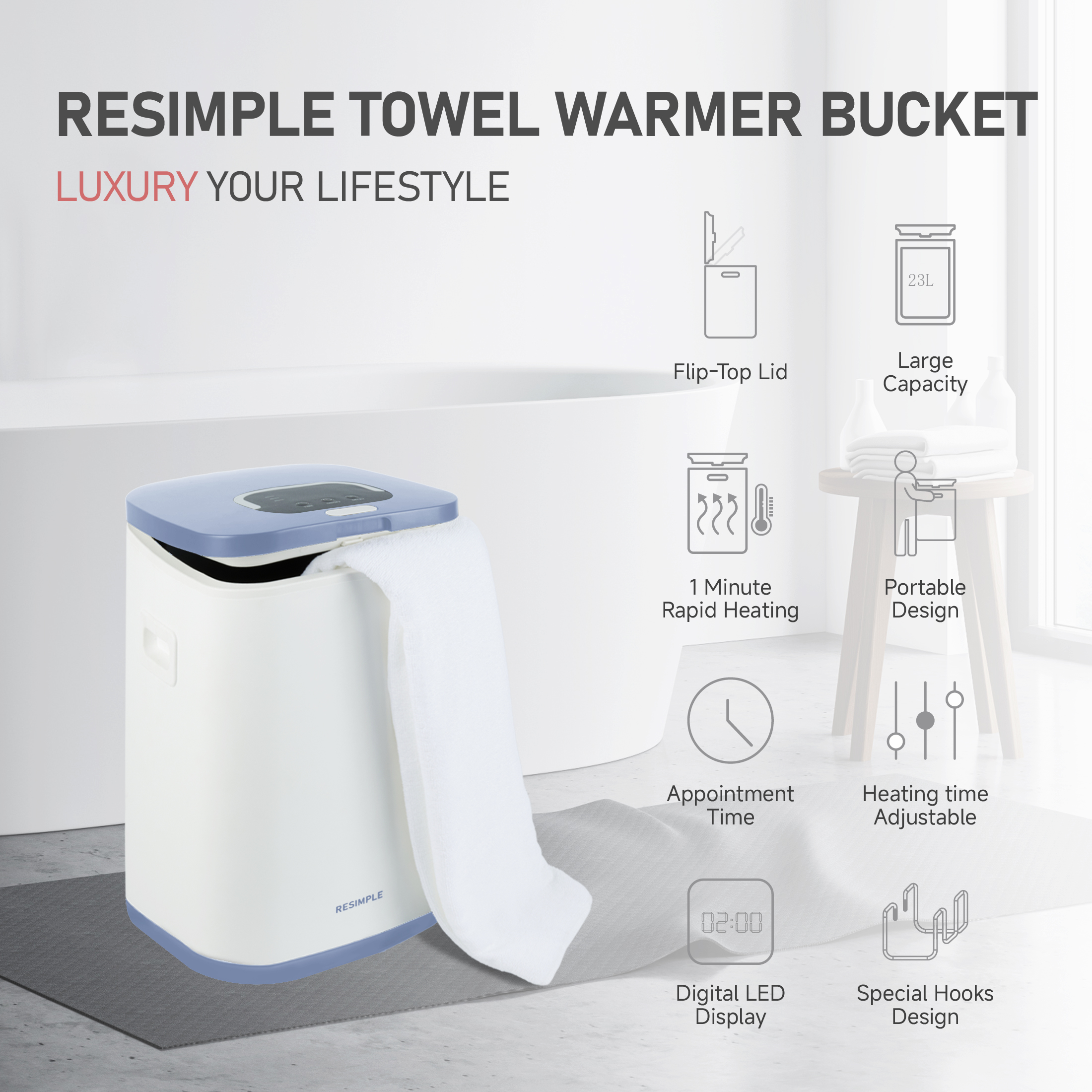 RESIMPLE Luxury Large Towel Tub, Efficient Fashion, Intelligent Timing, Automatic Closing, LED Display, 6.08gal, Suitable For Spa, Bathroom, Gym, Hotel, Blue