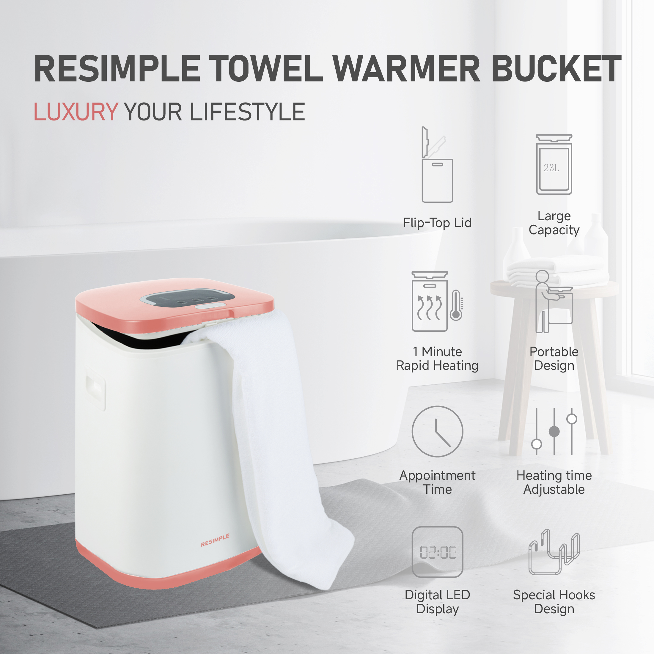 RESIMPLE Luxury Large Towel Tub, Efficient Fashion, Intelligent Timing, Automatic Closing, LED Display, 6.08gal, Suitable For Spa, Bathroom, Gym, Hotel, Pink