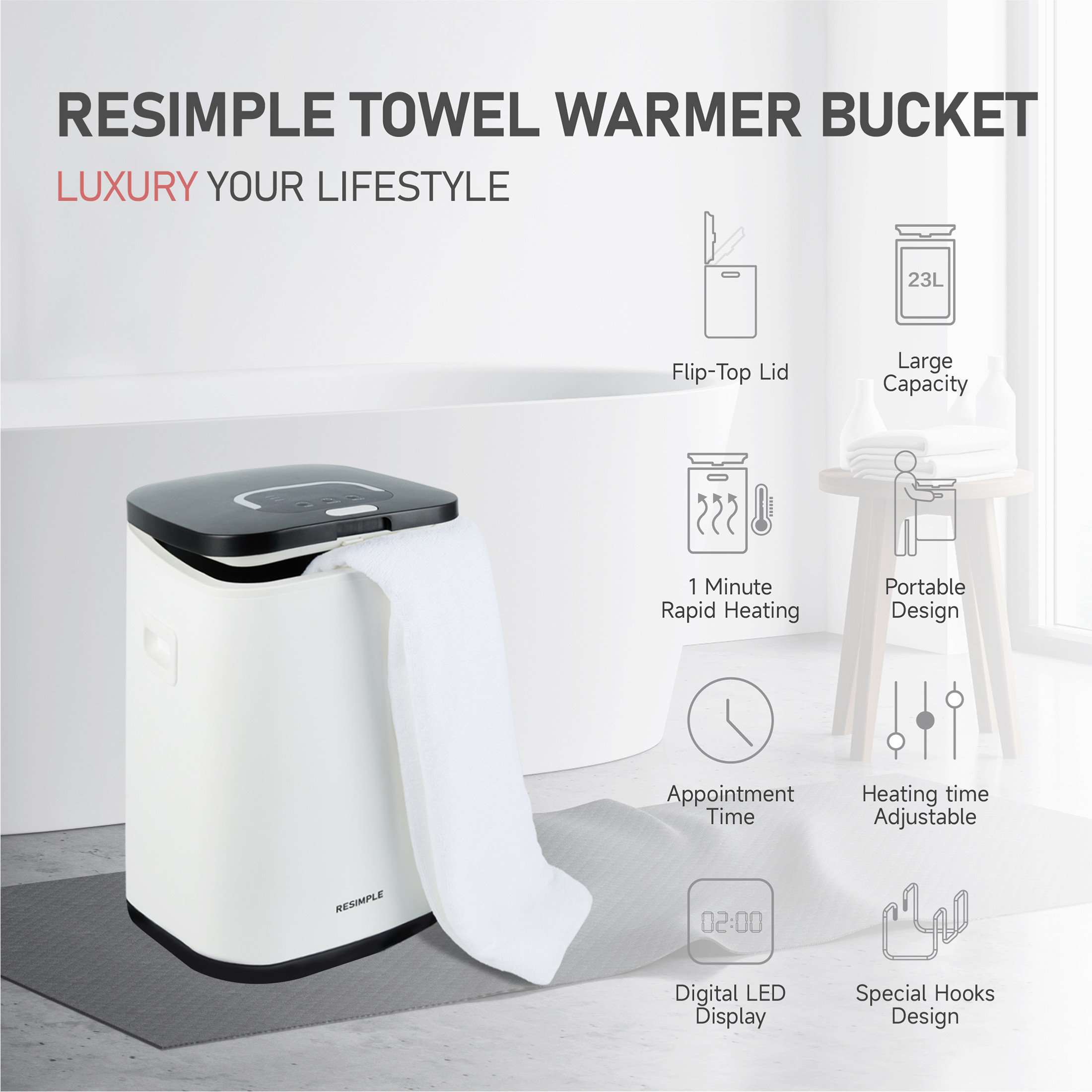 RESIMPLE Luxury Large Towel Tub, Efficient Fashion, Intelligent Timing, Automatic Closing, LED Display, 6.08gal, Suitable For Spa, Bathroom, Gym, Hotel