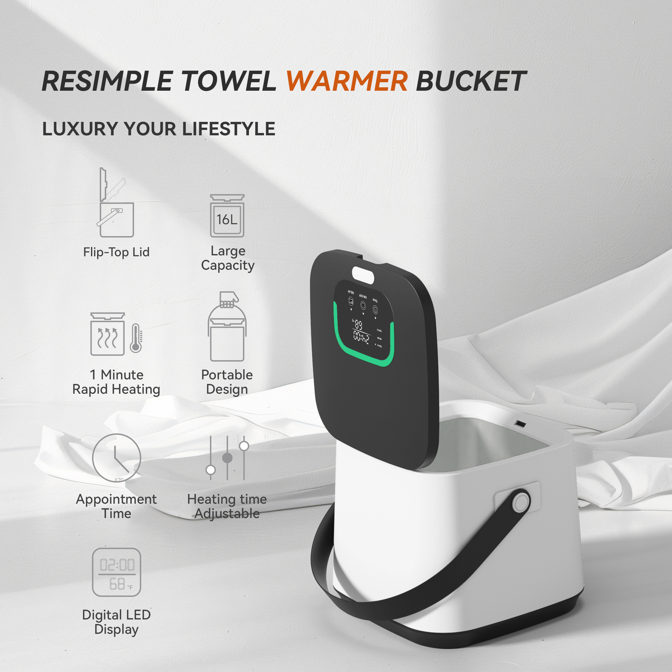 16 Litre Towel Heating Bucket with Handle for Spa And Bathroom, 3 Heating Modes, Delay, Automatic Off, Very Portable