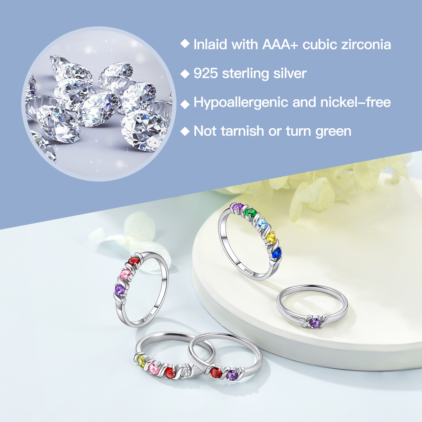 Sterling Silver Personalized Family Names Engraved Birthstone Ring with AAA+ cubic zirconia