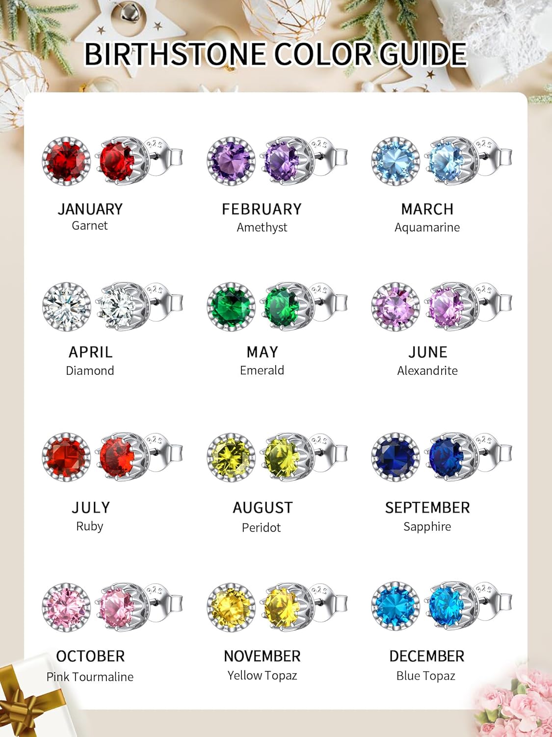 Solitaire Round Brilliant Birthstone Stud Earrings for her, jan birthstone, Garnet birthstone, Capricorn Birthstone, Aquarius Birthstone, sterling silver jewelry, gift idea