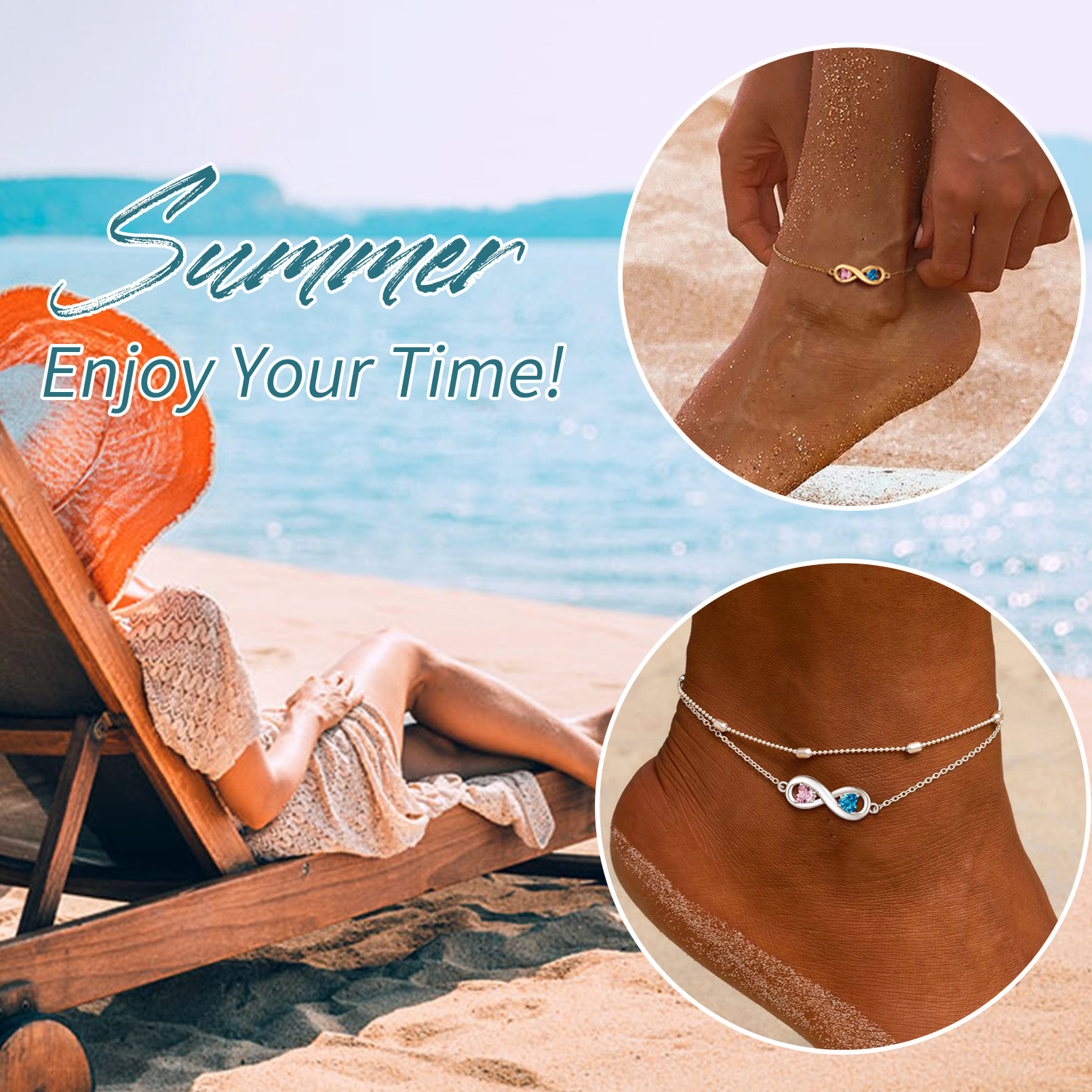 Personalized Birthstone Infinity Engraved Name Anklet in Different style