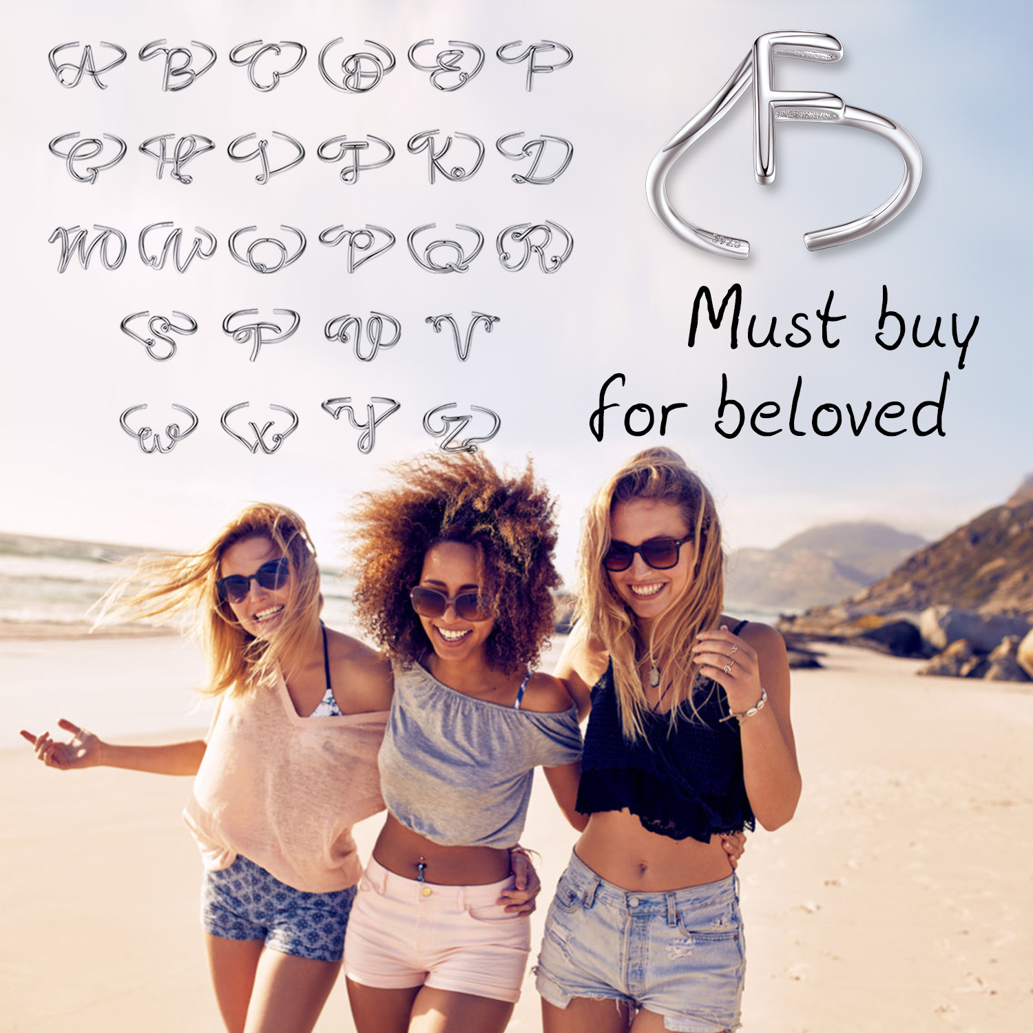 Simple Initial Letter Monogram A-Z Adjustable Ring in Different letter