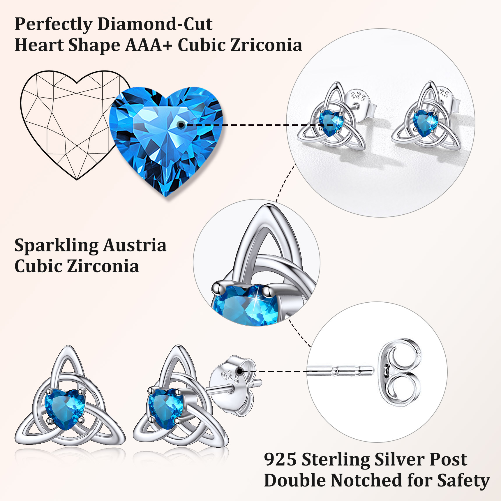 Sterling Silver & AAA+ Cubic Zriconia ChicSilver Celtic Knot Heart Adorned Birthstone Stud Earring