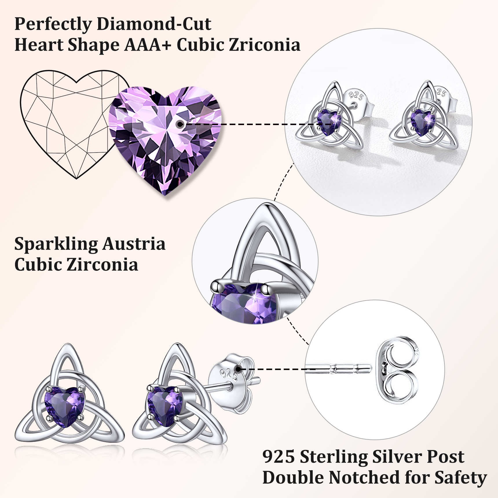Sterling Silver & AAA+ Cubic Zriconia ChicSilver  Celtic Knot Heart Adorned Birthstone Stud Earring